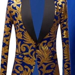 Amazon Blue Jacket with Gold Scroll Embroidery and Black Shawl Collar